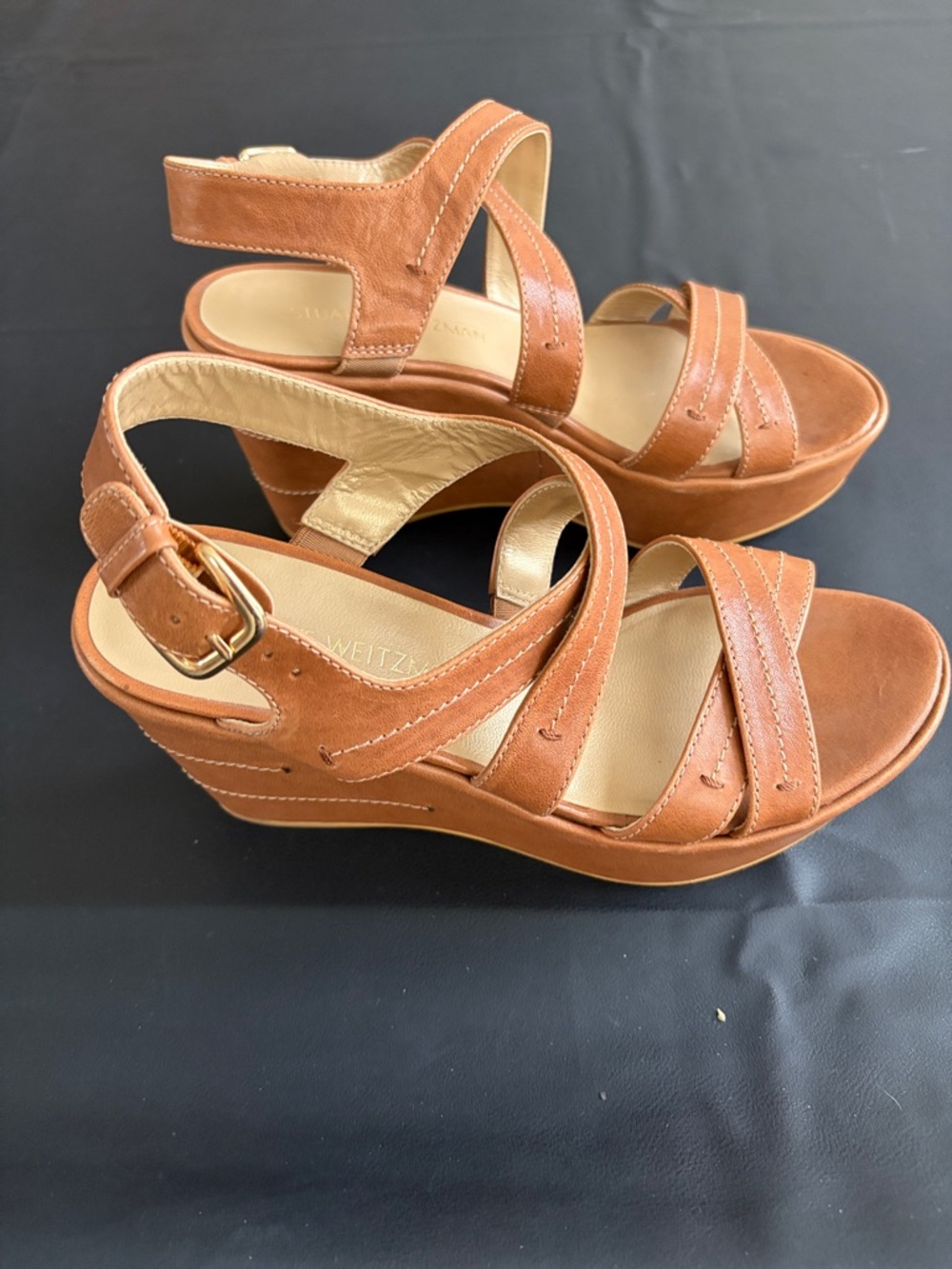 Stuart Weitzman Cognac Leather Strappy Wedge Sandals Size 8M - Picture 3 of 8